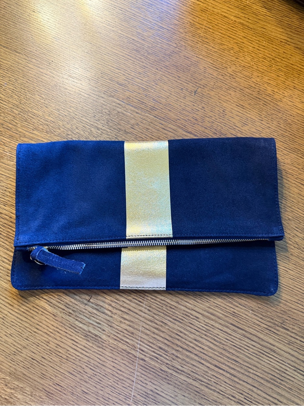 Clare V Navy and Gold Suede Foldover Clutch